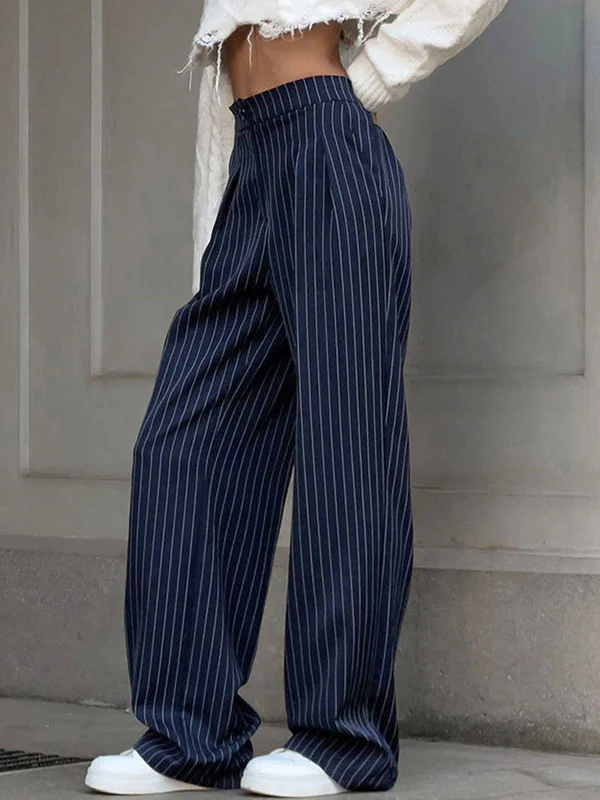 High Waisted Wide Pants Buttoned Striped Pants Trousers - Image 3