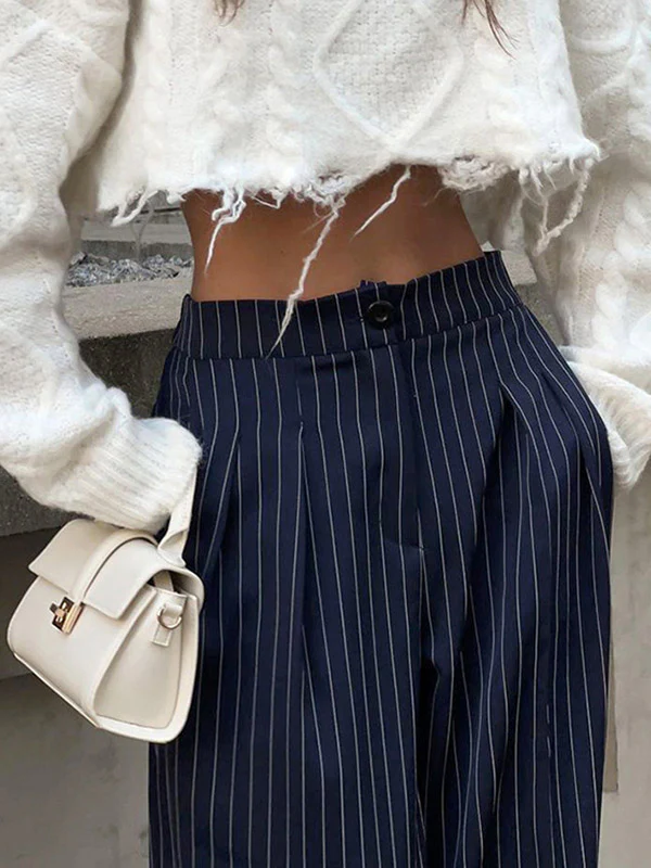 High Waisted Wide Pants Buttoned Striped Pants Trousers - Image 4