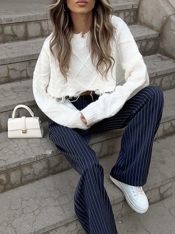 High Waisted Wide Pants Buttoned Striped Pants Trousers - Image 6