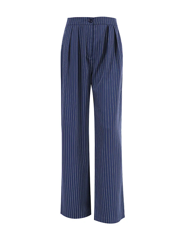 High Waisted Wide Pants Buttoned Striped Pants Trousers - Image 7