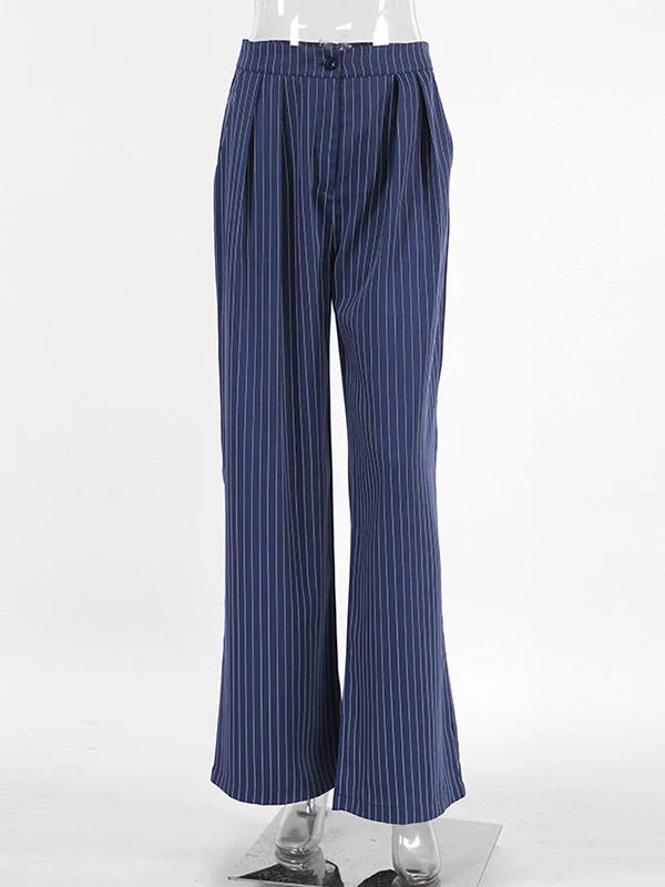 High Waisted Wide Pants Buttoned Striped Pants Trousers - Image 9