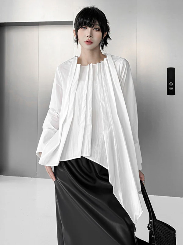 Hipster Irregularity Asymmetric Pleated Solid Color Round-Neck Blouses&Shirts Tops - Image 10