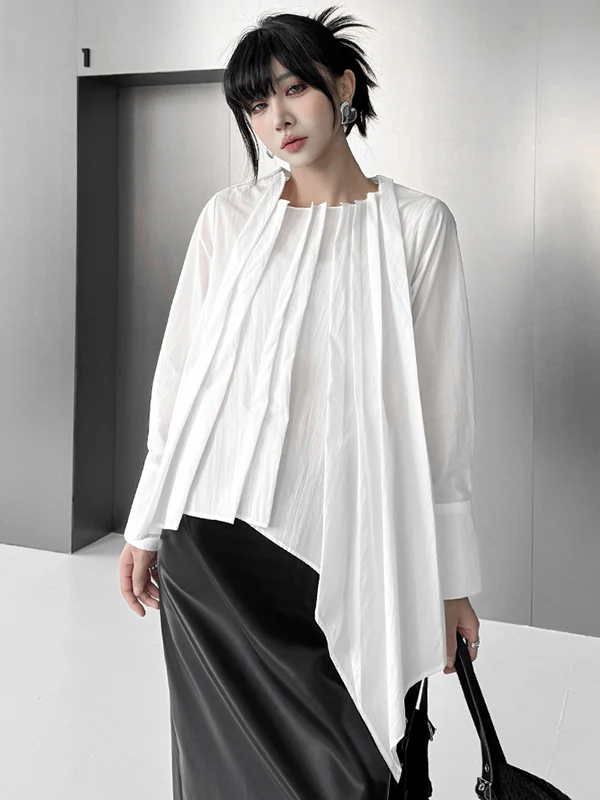 Hipster Irregularity Asymmetric Pleated Solid Color Round-Neck Blouses&Shirts Tops - Image 11