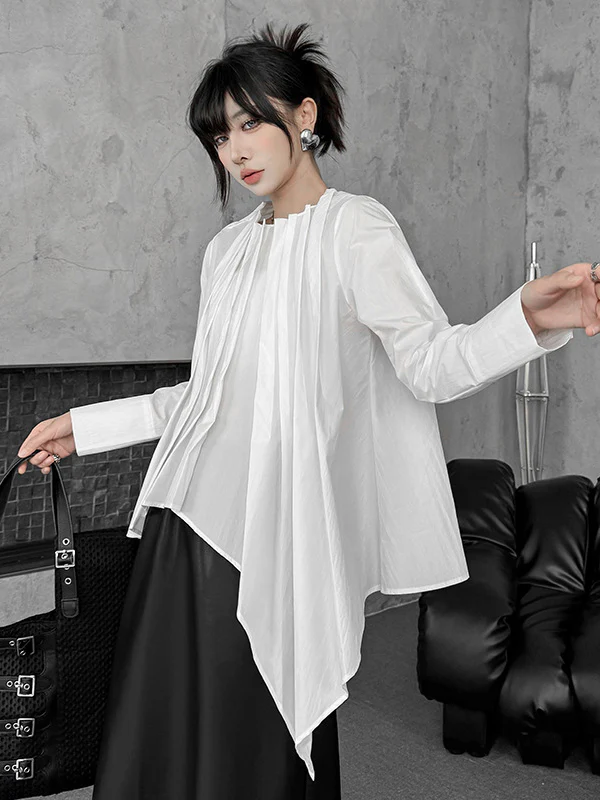Hipster Irregularity Asymmetric Pleated Solid Color Round-Neck Blouses&Shirts Tops - Image 12