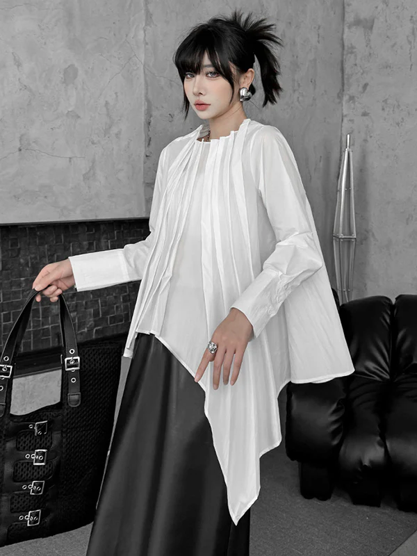 Hipster Irregularity Asymmetric Pleated Solid Color Round-Neck Blouses&Shirts Tops - Image 13