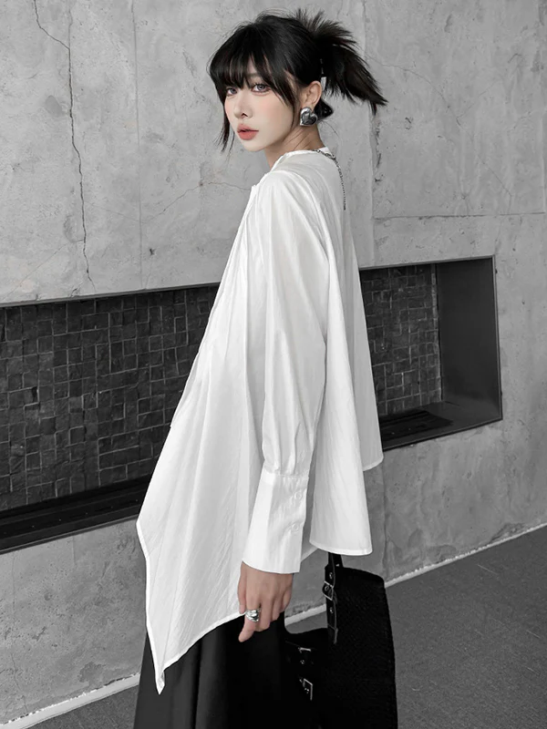 Hipster Irregularity Asymmetric Pleated Solid Color Round-Neck Blouses&Shirts Tops - Image 15