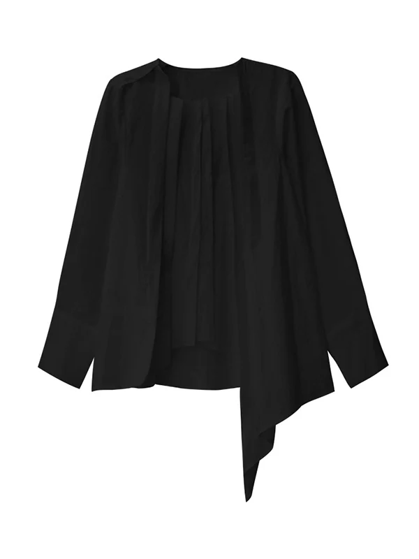 Hipster Irregularity Asymmetric Pleated Solid Color Round-Neck Blouses&Shirts Tops - Image 16