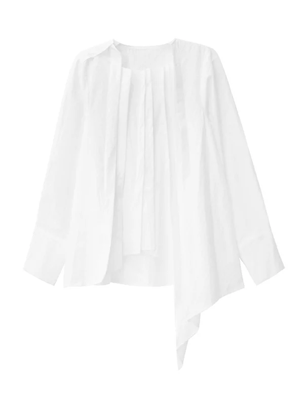 Hipster Irregularity Asymmetric Pleated Solid Color Round-Neck Blouses&Shirts Tops - Image 17