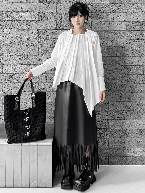 Hipster Irregularity Asymmetric Pleated Solid Color Round-Neck Blouses&Shirts Tops - Image 2