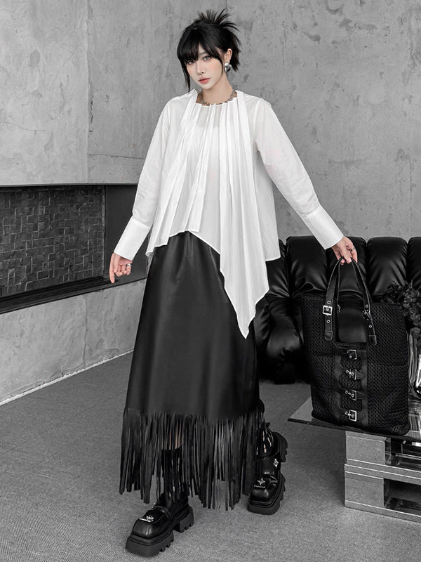 Hipster Irregularity Asymmetric Pleated Solid Color Round-Neck Blouses&Shirts Tops - Image 3