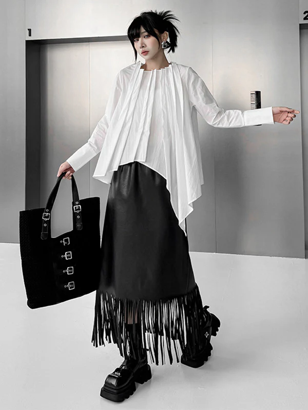 Hipster Irregularity Asymmetric Pleated Solid Color Round-Neck Blouses&Shirts Tops - Image 4