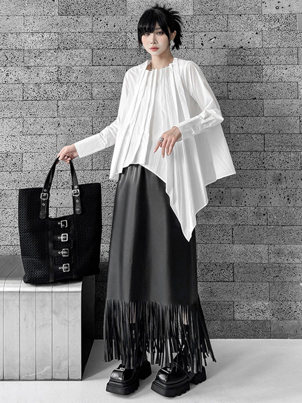 Hipster Irregularity Asymmetric Pleated Solid Color Round-Neck Blouses&Shirts Tops - Image 5
