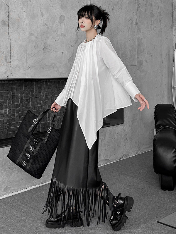 Hipster Irregularity Asymmetric Pleated Solid Color Round-Neck Blouses&Shirts Tops - Image 6