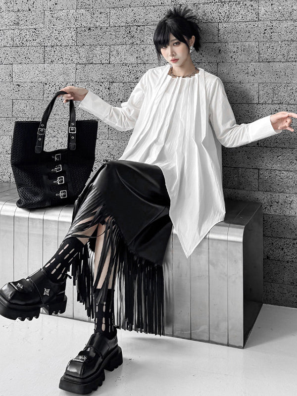 Hipster Irregularity Asymmetric Pleated Solid Color Round-Neck Blouses&Shirts Tops - Image 7