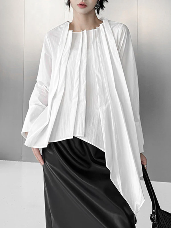 Hipster Irregularity Asymmetric Pleated Solid Color Round-Neck Blouses&Shirts Tops - Image 9