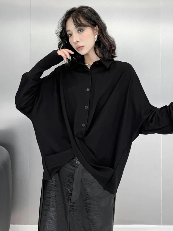Hipster Irregularity Buttoned Solid Color Twist Lapel Collar Blouses&Shirts Tops - Image 10