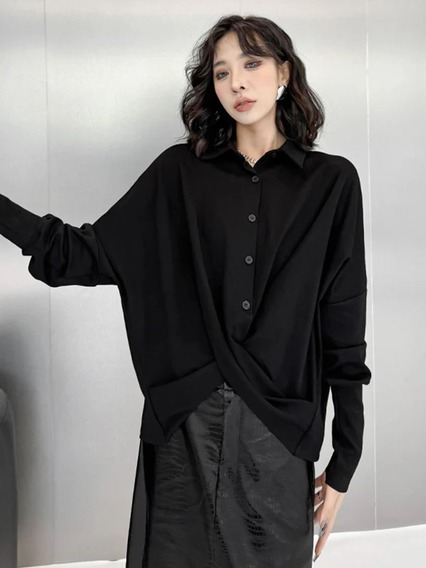 Hipster Irregularity Buttoned Solid Color Twist Lapel Collar Blouses&Shirts Tops - Image 11