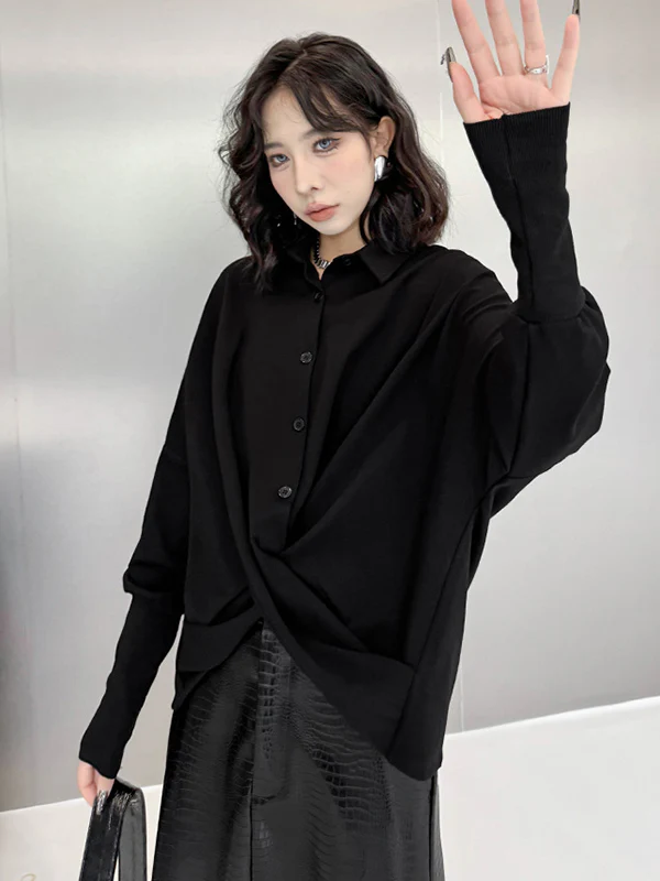 Hipster Irregularity Buttoned Solid Color Twist Lapel Collar Blouses&Shirts Tops - Image 12