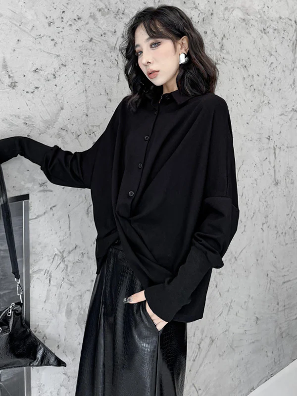 Hipster Irregularity Buttoned Solid Color Twist Lapel Collar Blouses&Shirts Tops - Image 13