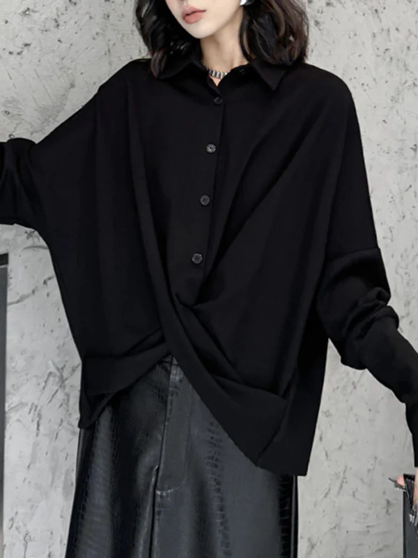 Hipster Irregularity Buttoned Solid Color Twist Lapel Collar Blouses&Shirts Tops - Image 14