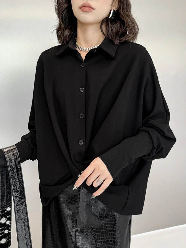 Hipster Irregularity Buttoned Solid Color Twist Lapel Collar Blouses&Shirts Tops - Image 15