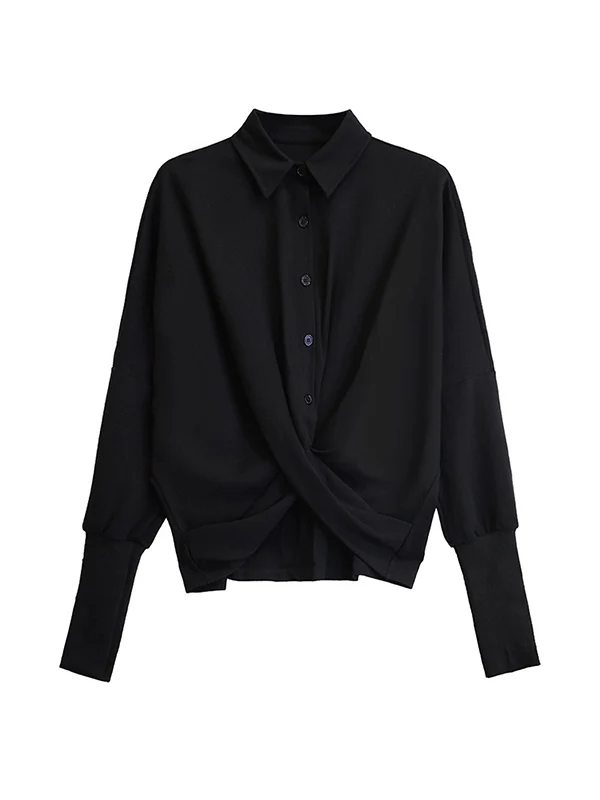 Hipster Irregularity Buttoned Solid Color Twist Lapel Collar Blouses&Shirts Tops - Image 17