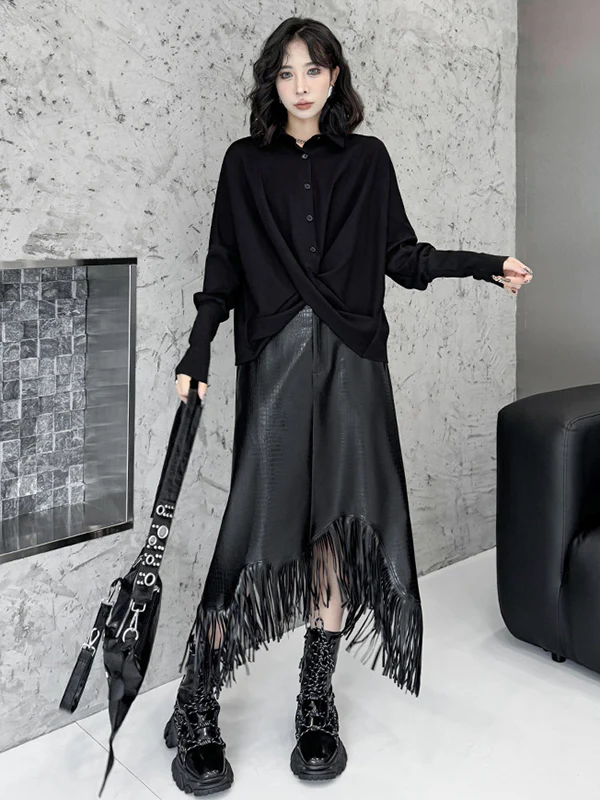 Hipster Irregularity Buttoned Solid Color Twist Lapel Collar Blouses&Shirts Tops - Image 2