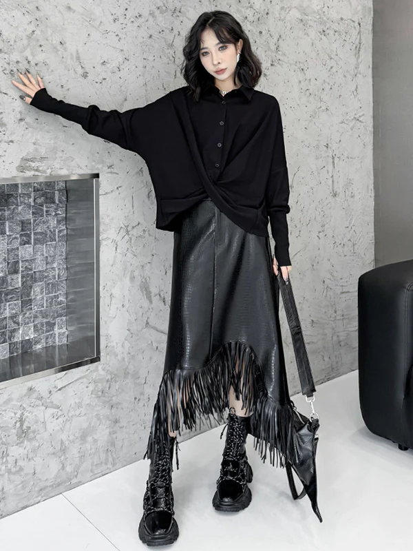 Hipster Irregularity Buttoned Solid Color Twist Lapel Collar Blouses&Shirts Tops - Image 3
