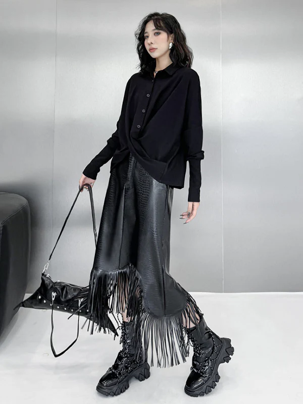 Hipster Irregularity Buttoned Solid Color Twist Lapel Collar Blouses&Shirts Tops - Image 4