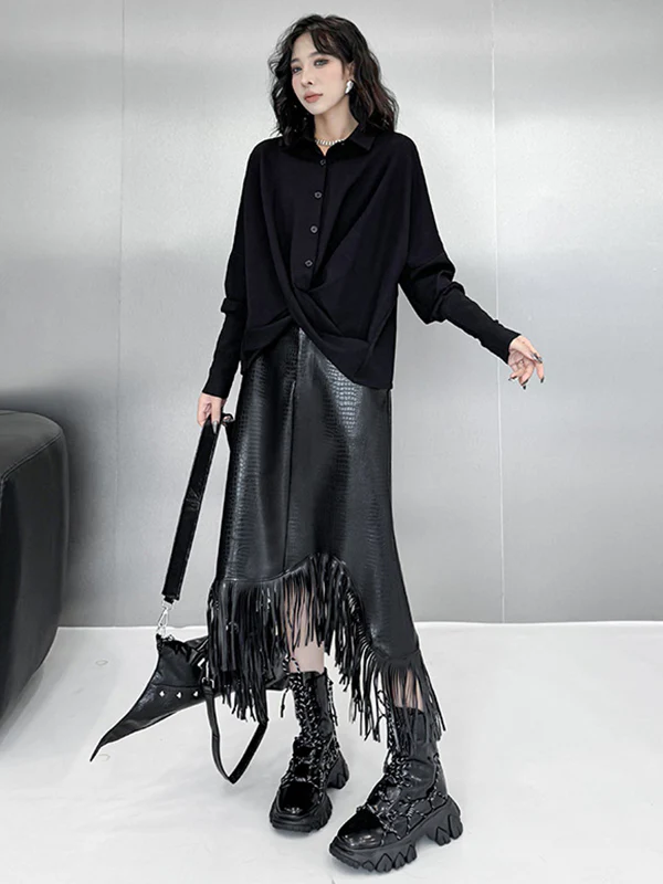 Hipster Irregularity Buttoned Solid Color Twist Lapel Collar Blouses&Shirts Tops - Image 5