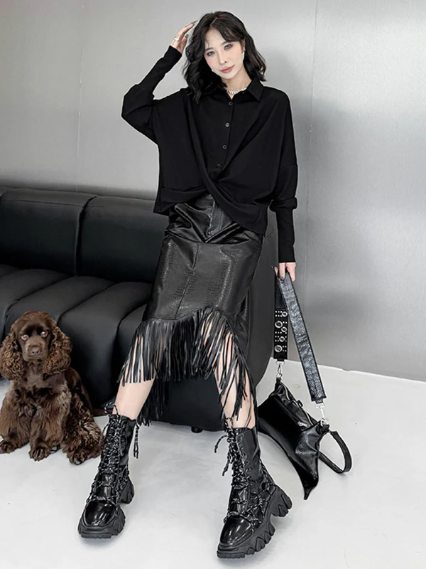 Hipster Irregularity Buttoned Solid Color Twist Lapel Collar Blouses&Shirts Tops - Image 6