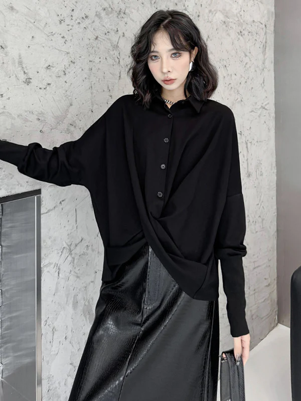 Hipster Irregularity Buttoned Solid Color Twist Lapel Collar Blouses&Shirts Tops - Image 7