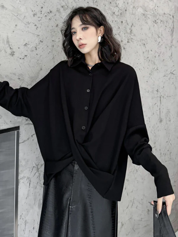 Hipster Irregularity Buttoned Solid Color Twist Lapel Collar Blouses&Shirts Tops - Image 8