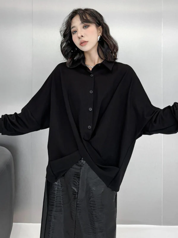 Hipster Irregularity Buttoned Solid Color Twist Lapel Collar Blouses&Shirts Tops - Image 9