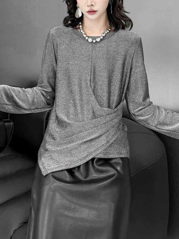Hipster Long Sleeves Asymmetric Solid Color Round-Neck T-Shirts Tops - Image 2