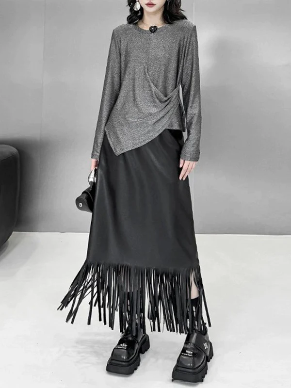 Hipster Long Sleeves Asymmetric Solid Color Round-Neck T-Shirts Tops - Image 3