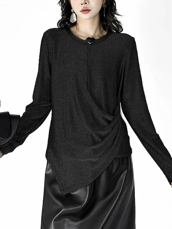 Hipster Long Sleeves Asymmetric Solid Color Round-Neck T-Shirts Tops - Image 4