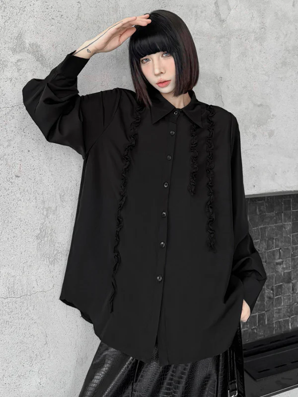 Hipster Long Sleeves Buttoned Falbala Ruffled Solid Color Split-Joint Lapel Blouses&Shirts Tops - Image 10