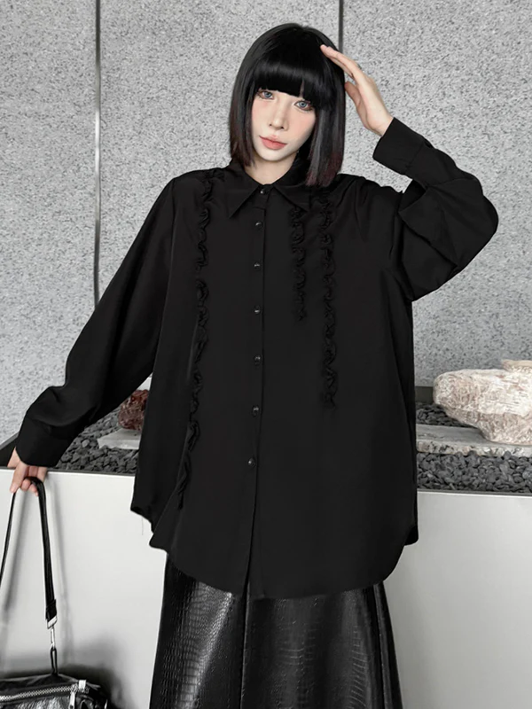Hipster Long Sleeves Buttoned Falbala Ruffled Solid Color Split-Joint Lapel Blouses&Shirts Tops - Image 11