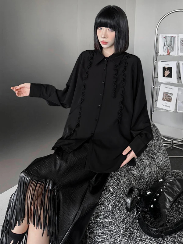 Hipster Long Sleeves Buttoned Falbala Ruffled Solid Color Split-Joint Lapel Blouses&Shirts Tops - Image 12