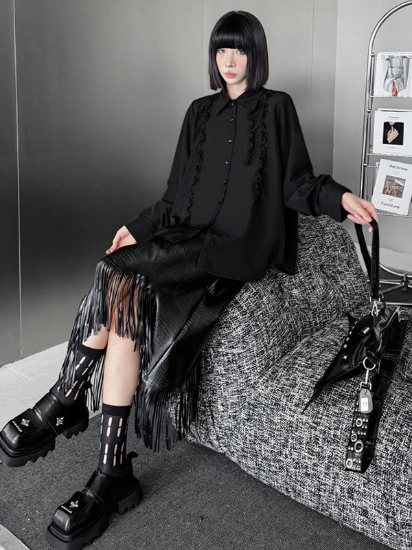 Hipster Long Sleeves Buttoned Falbala Ruffled Solid Color Split-Joint Lapel Blouses&Shirts Tops - Image 13