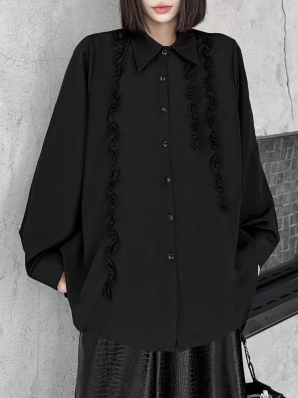Hipster Long Sleeves Buttoned Falbala Ruffled Solid Color Split-Joint Lapel Blouses&Shirts Tops - Image 14