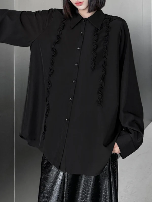 Hipster Long Sleeves Buttoned Falbala Ruffled Solid Color Split-Joint Lapel Blouses&Shirts Tops - Image 15