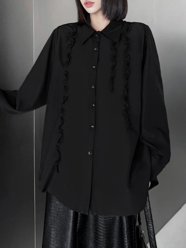 Hipster Long Sleeves Buttoned Falbala Ruffled Solid Color Split-Joint Lapel Blouses&Shirts Tops - Image 16