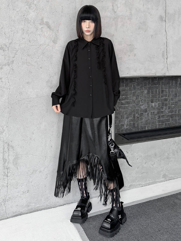 Hipster Long Sleeves Buttoned Falbala Ruffled Solid Color Split-Joint Lapel Blouses&Shirts Tops - Image 2