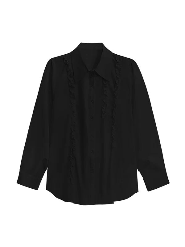 Hipster Long Sleeves Buttoned Falbala Ruffled Solid Color Split-Joint Lapel Blouses&Shirts Tops - Image 22