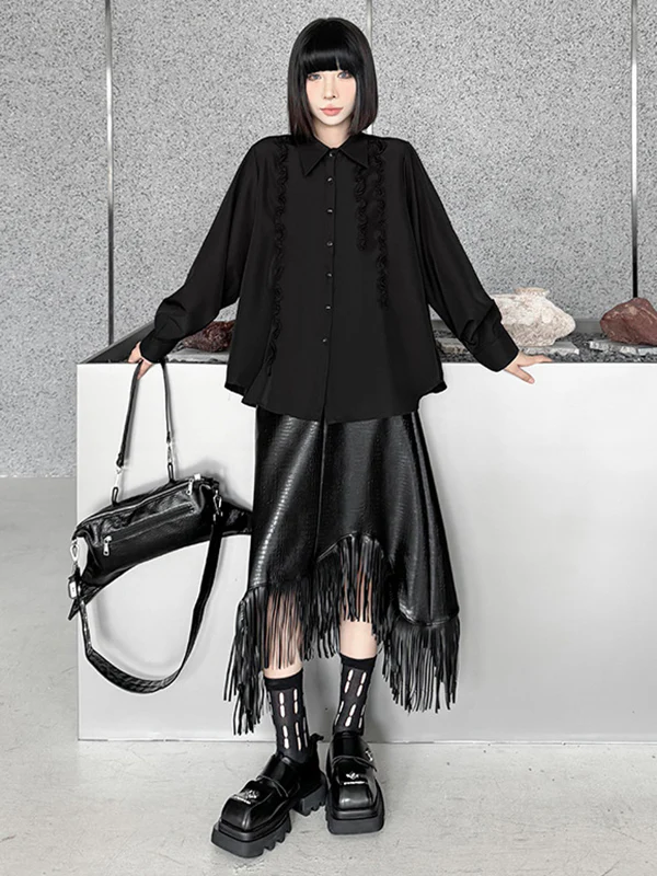 Hipster Long Sleeves Buttoned Falbala Ruffled Solid Color Split-Joint Lapel Blouses&Shirts Tops - Image 3