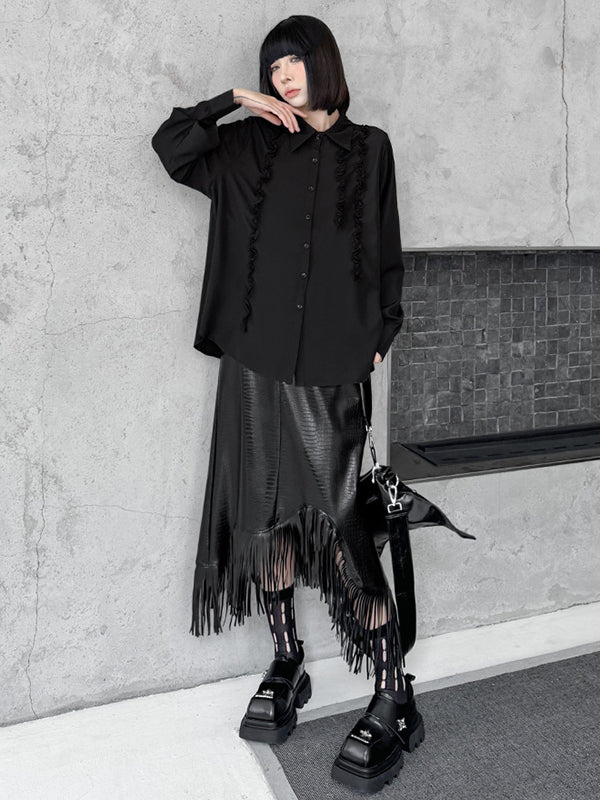 Hipster Long Sleeves Buttoned Falbala Ruffled Solid Color Split-Joint Lapel Blouses&Shirts Tops - Image 4