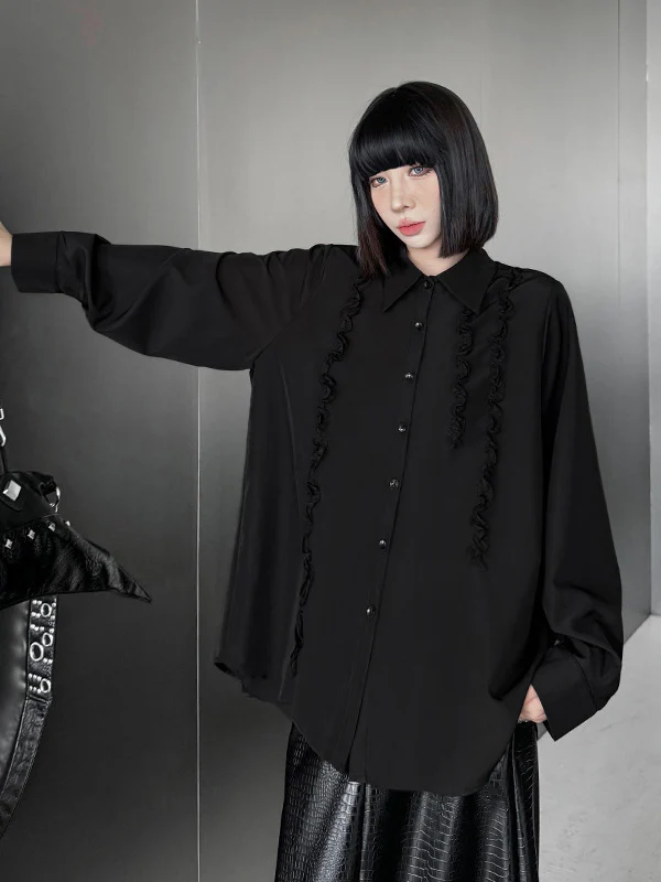 Hipster Long Sleeves Buttoned Falbala Ruffled Solid Color Split-Joint Lapel Blouses&Shirts Tops - Image 6