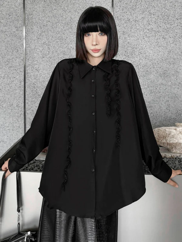 Hipster Long Sleeves Buttoned Falbala Ruffled Solid Color Split-Joint Lapel Blouses&Shirts Tops - Image 7